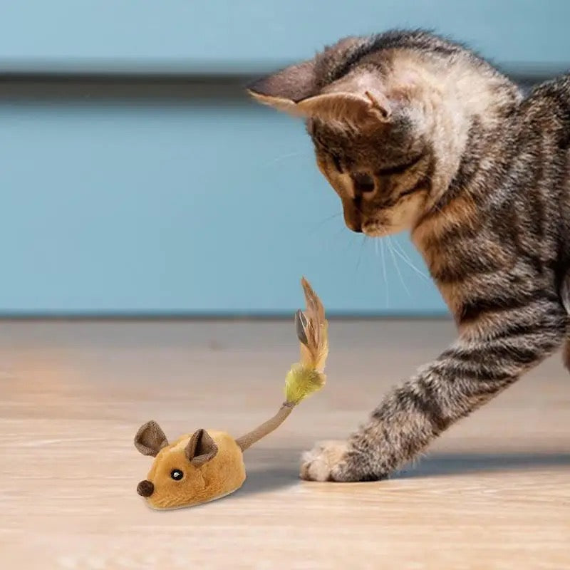 "Interactive cat toy with realistic mouse movements, in brown and gray, stimulates natural hunting instincts for endless play
