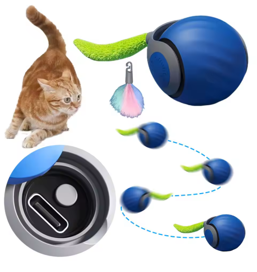 "Interactive rolling cat toy ball with vibrant feather tail, designed to engage and stimulate your cat's play instincts."