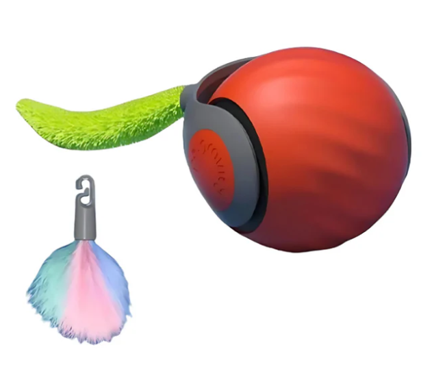 "Interactive rolling cat toy ball with vibrant feather tail, designed to engage and stimulate your cat's play instincts."