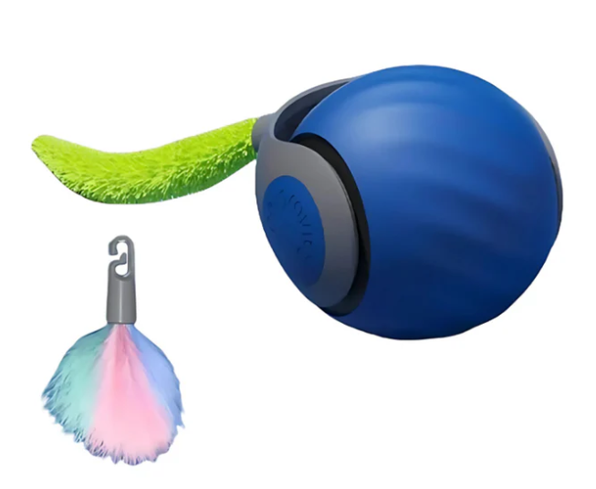 "Interactive rolling cat toy ball with vibrant feather tail, designed to engage and stimulate your cat's play instincts."