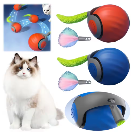 "Interactive rolling cat toy ball with vibrant feather tail, designed to engage and stimulate your cat's play instincts."
