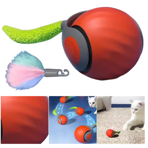 "Interactive rolling cat toy ball with vibrant feather tail, designed to engage and stimulate your cat's play instincts."