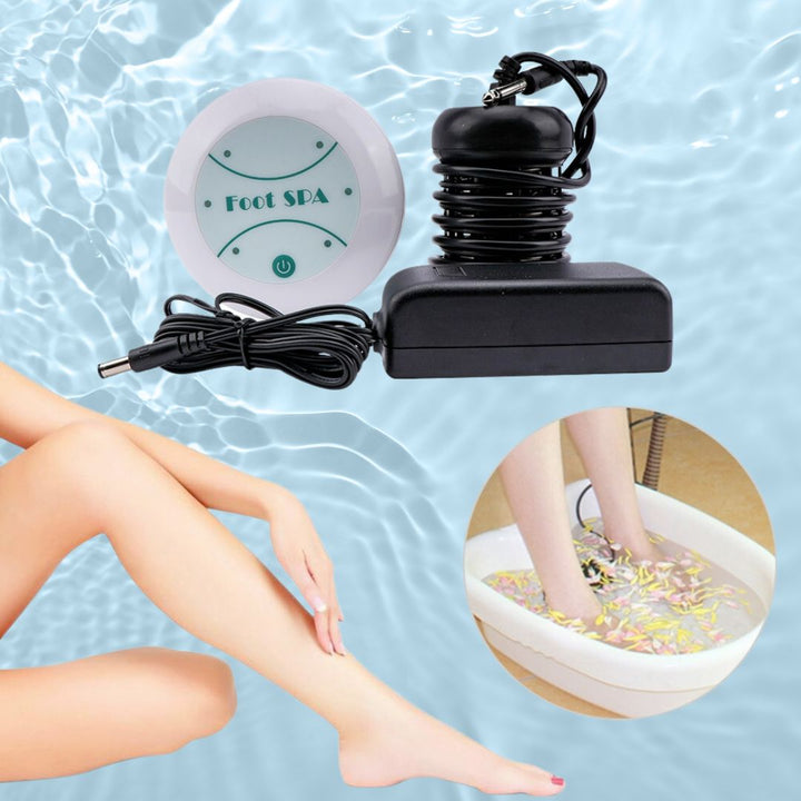 "Ionic Foot Spa for Relaxation & Detox, white plastic tub with water, offers detoxification and tranquility at home."
