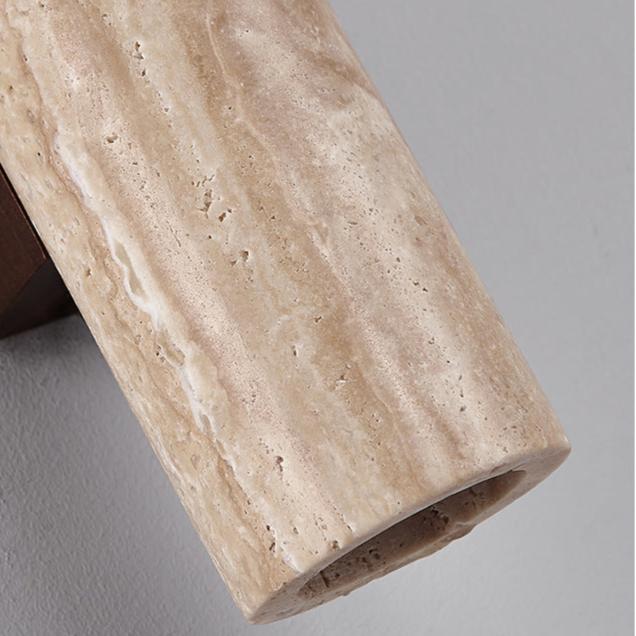 Japandi minimalist travertine stone wall lamp with natural beige finish, conveys elegance with its sleek design and warm glow