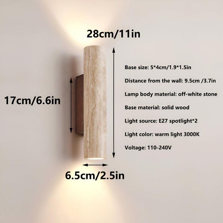 Japandi minimalist travertine stone wall lamp with natural beige finish, conveys elegance with its sleek design and warm glow