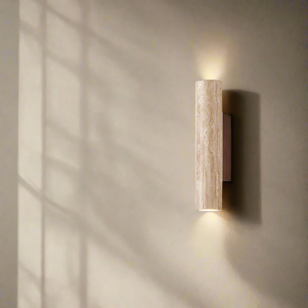 Japandi minimalist travertine stone wall lamp with natural beige finish, conveys elegance with its sleek design and warm glow