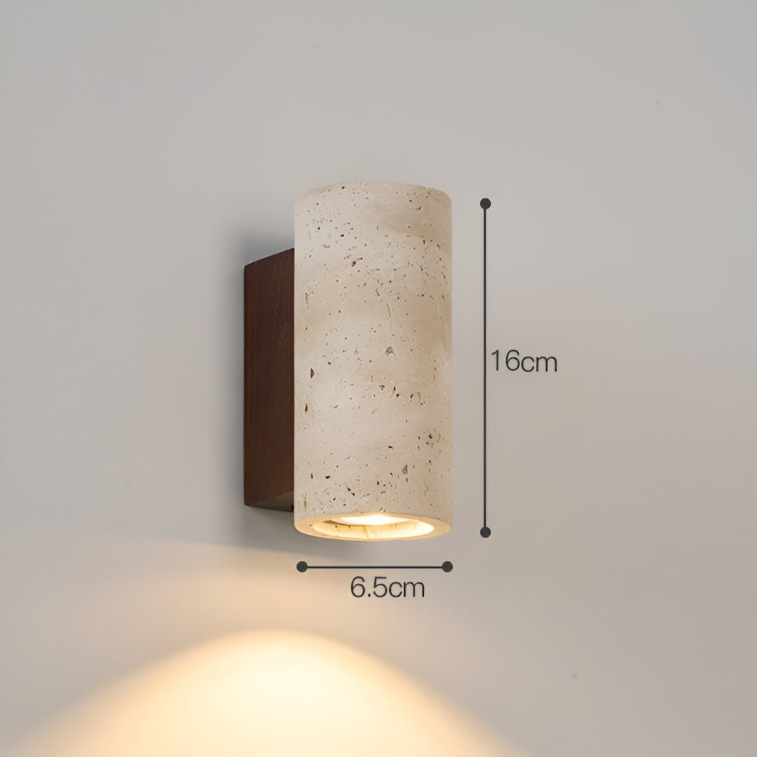 Japandi minimalist travertine stone wall lamp with natural beige finish, conveys elegance with its sleek design and warm glow