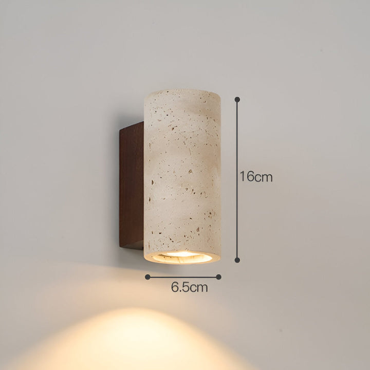 Japandi minimalist travertine stone wall lamp with natural beige finish, conveys elegance with its sleek design and warm glow