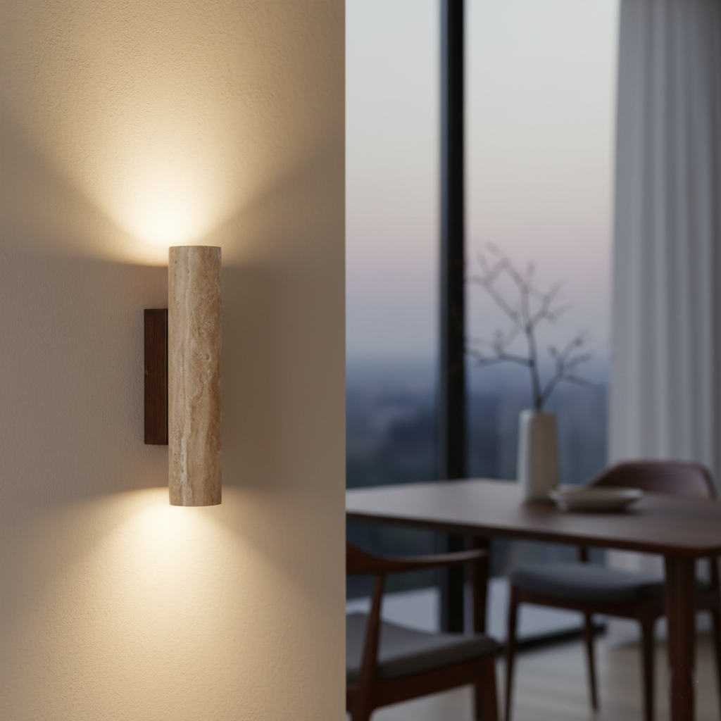 Japandi minimalist travertine stone wall lamp with natural beige finish, conveys elegance with its sleek design and warm glow