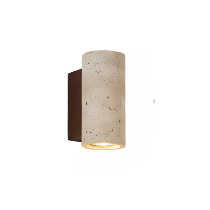Japandi minimalist travertine stone wall lamp with natural beige finish, conveys elegance with its sleek design and warm glow