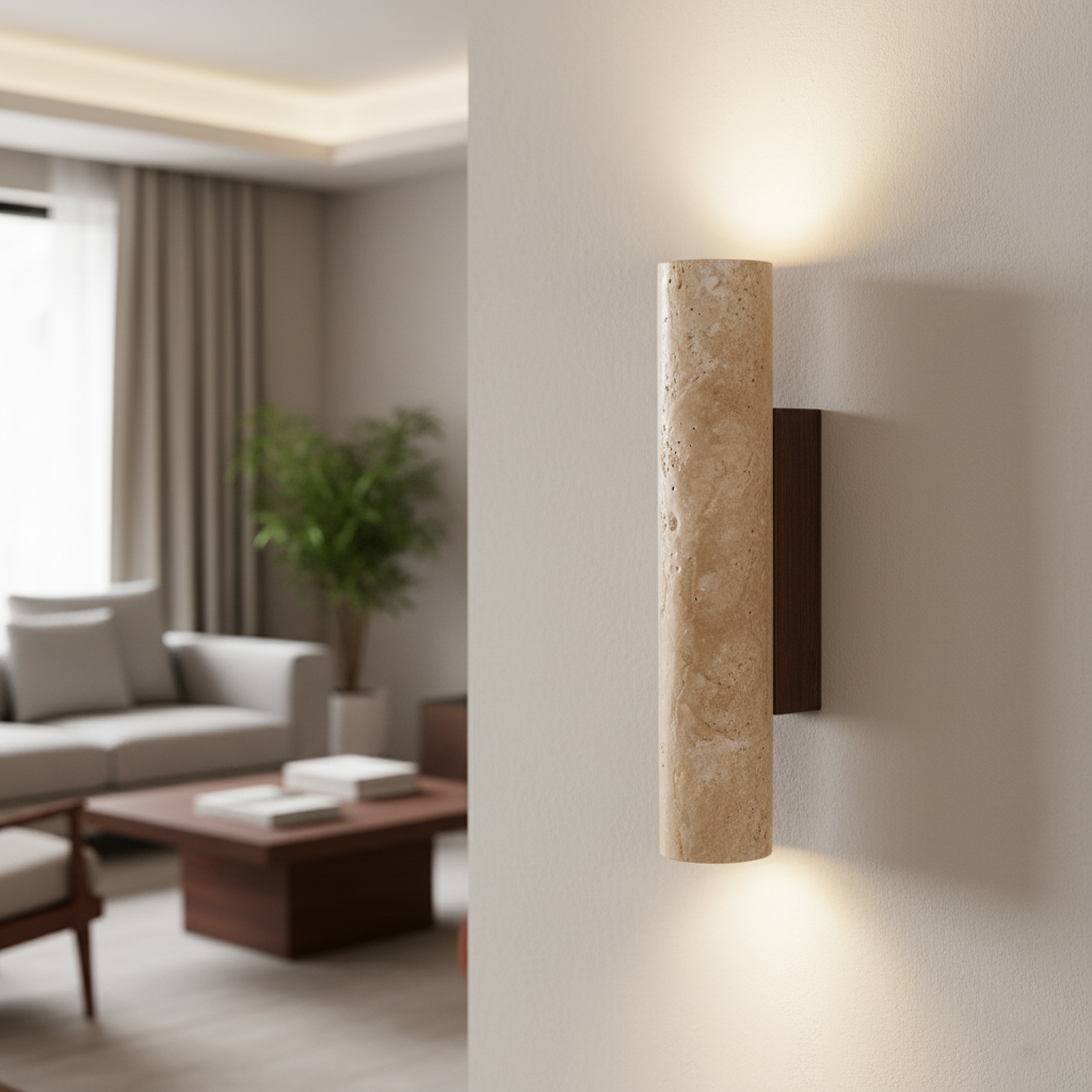 Japandi minimalist travertine stone wall lamp with natural beige finish, conveys elegance with its sleek design and warm glow