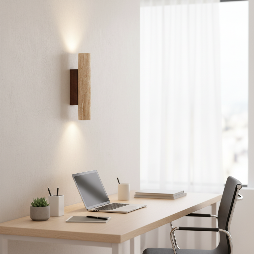 Japandi minimalist travertine stone wall lamp with natural beige finish, conveys elegance with its sleek design and warm glow