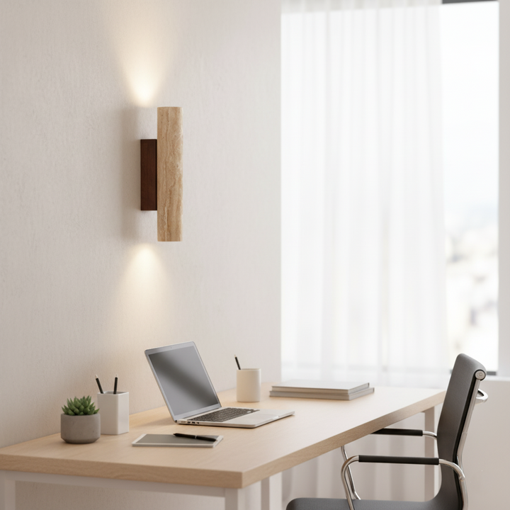 Japandi minimalist travertine stone wall lamp with natural beige finish, conveys elegance with its sleek design and warm glow
