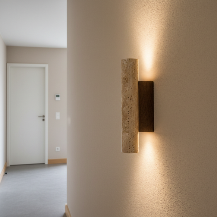 Japandi minimalist travertine stone wall lamp with natural beige finish, conveys elegance with its sleek design and warm glow