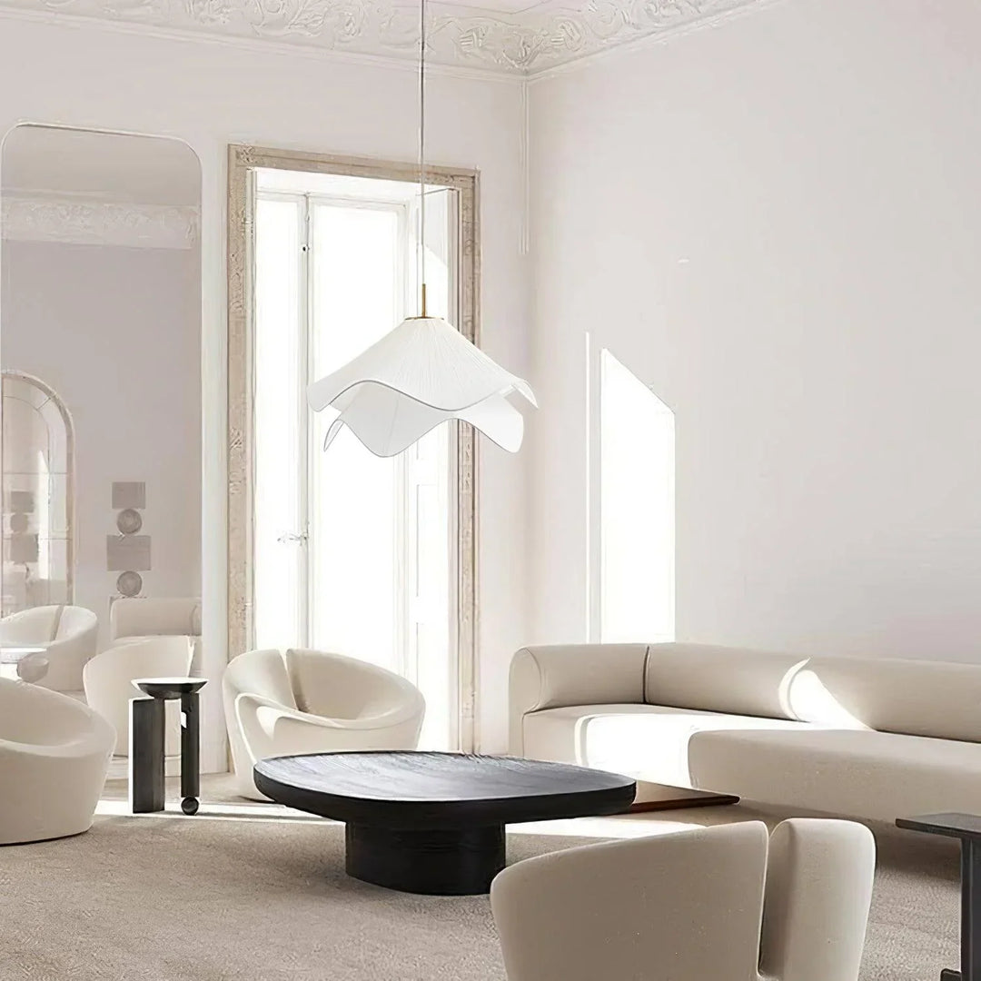 "Japandi pendant light with fabric shade, iron frame, warm ambient glow; modern elegant design for diverse interiors."