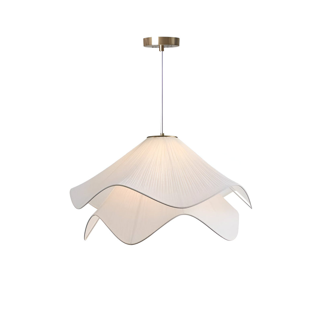 "Japandi pendant light with fabric shade, iron frame, warm ambient glow; modern elegant design for diverse interiors."