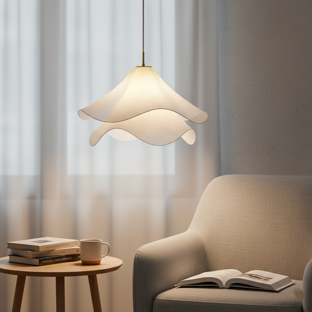 "Japandi pendant light with fabric shade, iron frame, warm ambient glow; modern elegant design for diverse interiors."