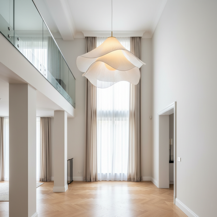 "Japandi pendant light with fabric shade, iron frame, warm ambient glow; modern elegant design for diverse interiors."