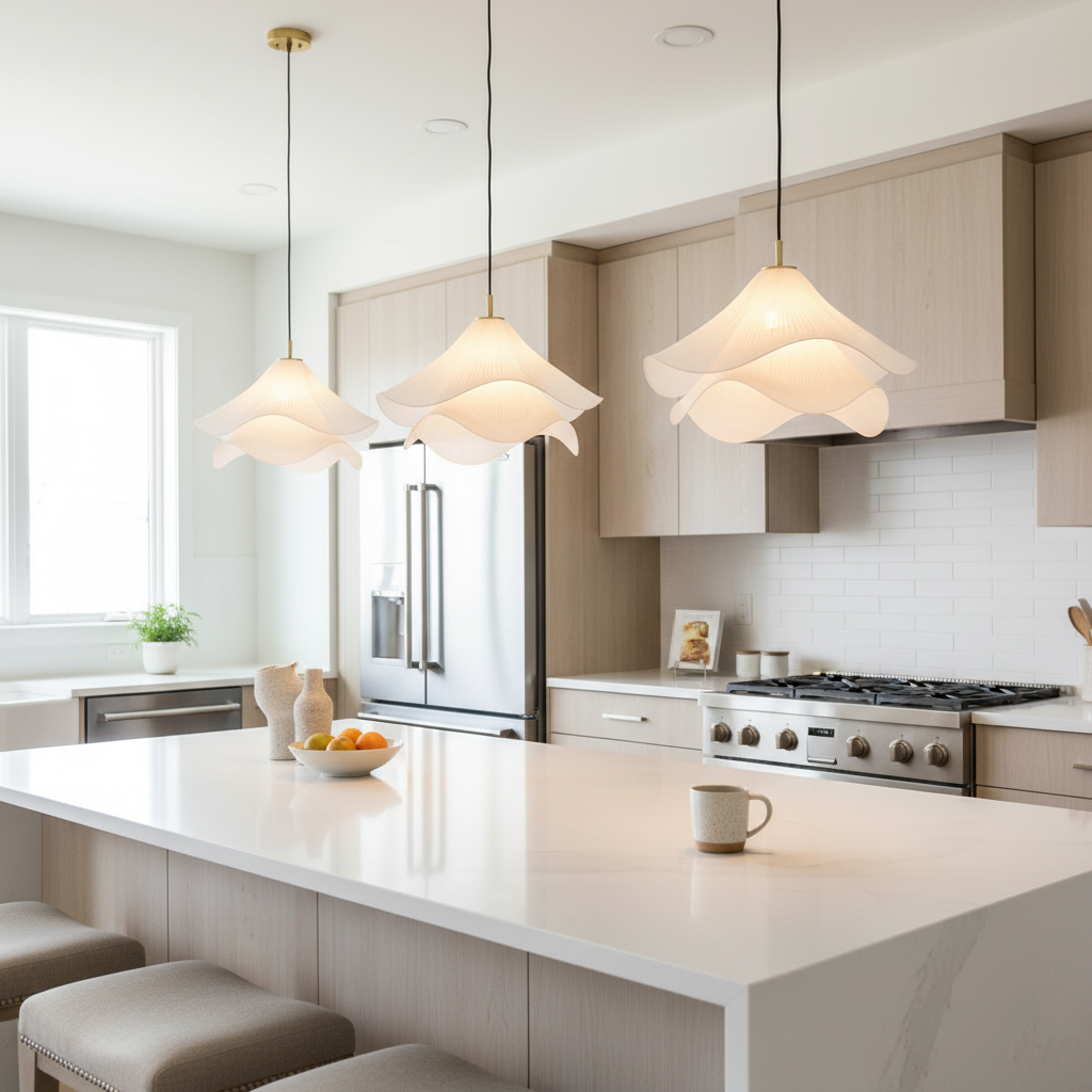 "Japandi pendant light with fabric shade, iron frame, warm ambient glow; modern elegant design for diverse interiors."