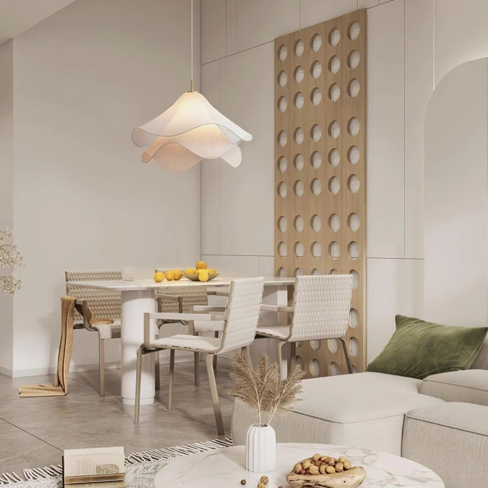 "Japandi pendant light with fabric shade, iron frame, warm ambient glow; modern elegant design for diverse interiors."