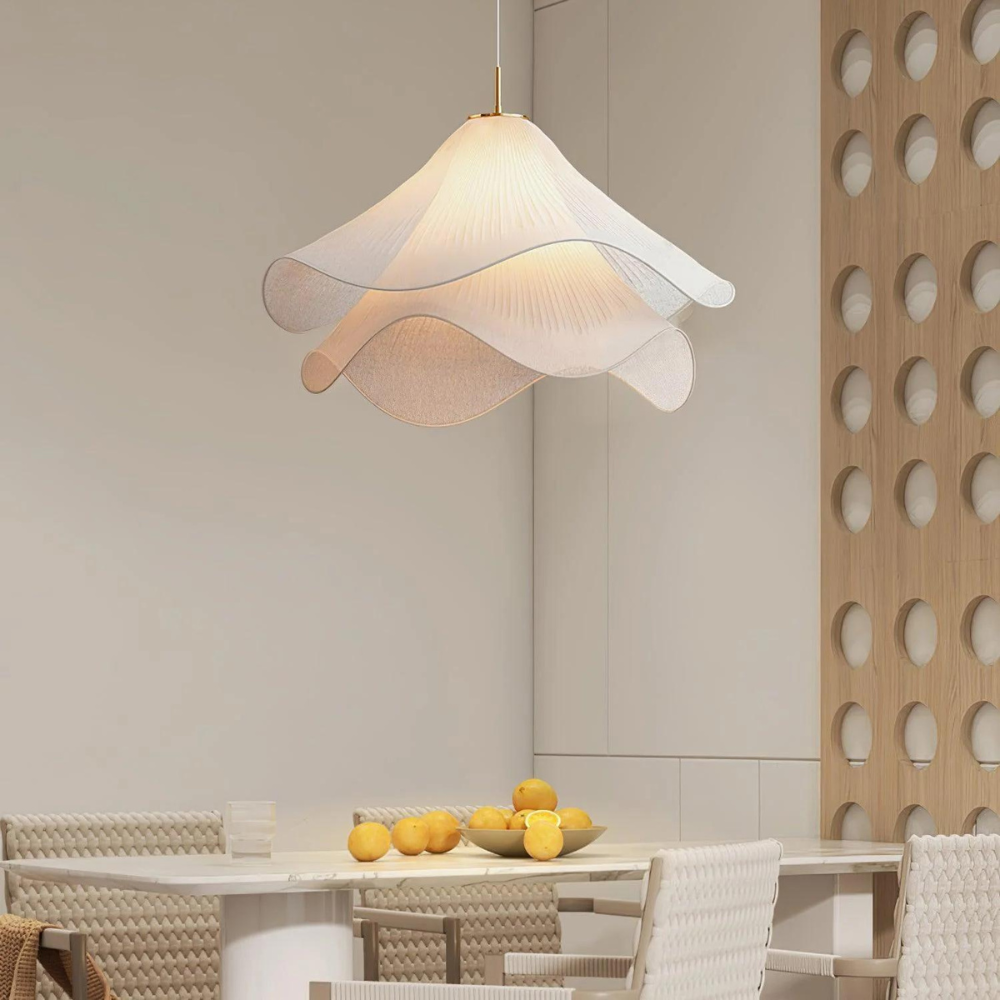 "Japandi pendant light with fabric shade, iron frame, warm ambient glow; modern elegant design for diverse interiors."