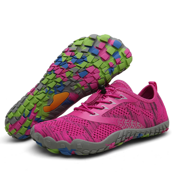 "Kids barefoot sneakers, flexible mesh with thin soles, vibrant colors, breathable design, ideal for active playtime."