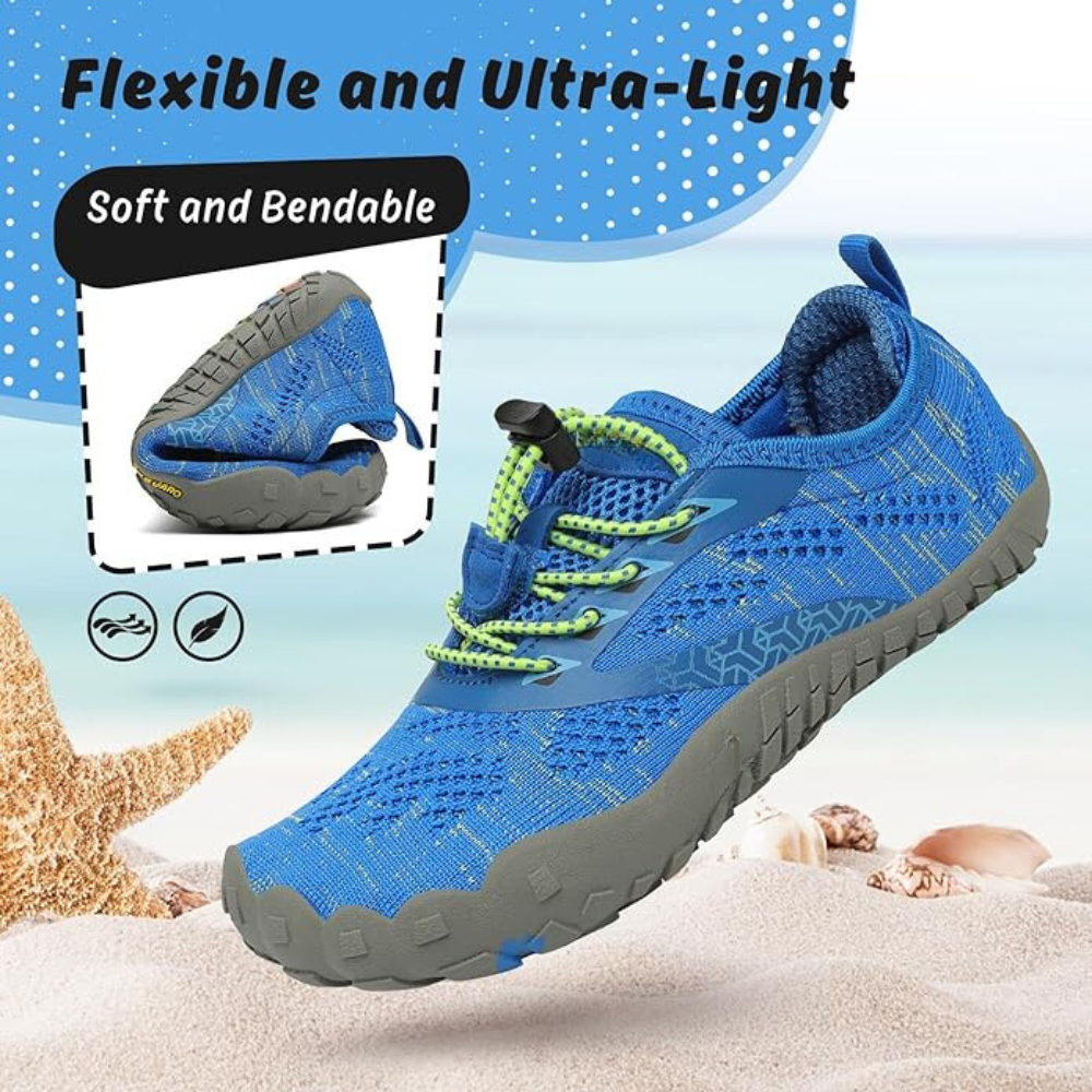"Kids barefoot sneakers, flexible mesh with thin soles, vibrant colors, breathable design, ideal for active playtime."