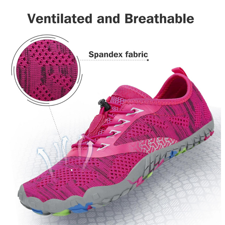 "Kids barefoot sneakers, flexible mesh with thin soles, vibrant colors, breathable design, ideal for active playtime."