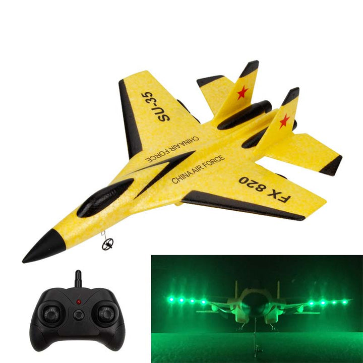 "Kids remote control airplane with LED lights, featuring a sleek design for night flying, encourages fun and creativity."