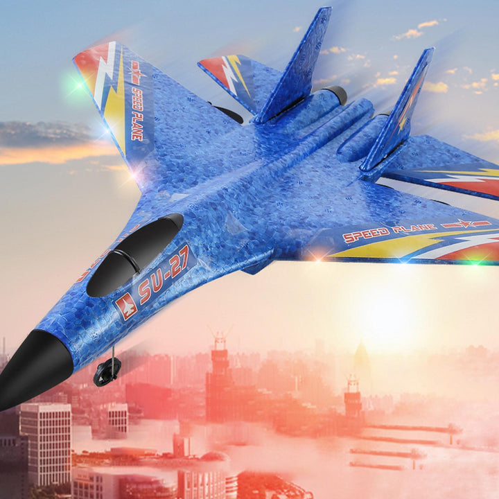 "Kids remote control airplane with LED lights, featuring a sleek design for night flying, encourages fun and creativity."