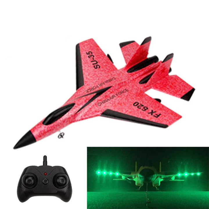 "Kids remote control airplane with LED lights, featuring a sleek design for night flying, encourages fun and creativity."