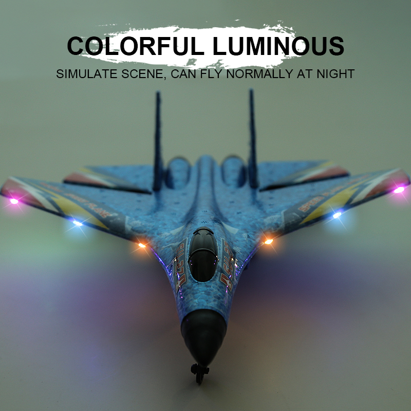 "Kids remote control airplane with LED lights, featuring a sleek design for night flying, encourages fun and creativity."