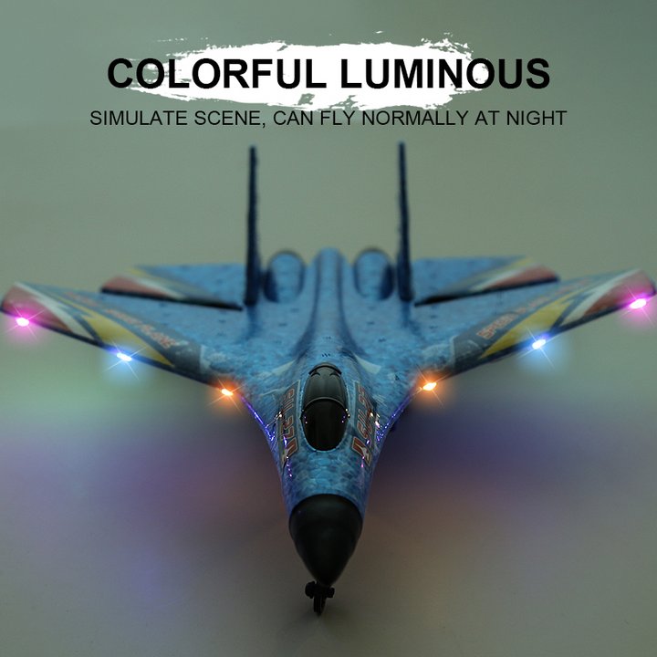 "Kids remote control airplane with LED lights, featuring a sleek design for night flying, encourages fun and creativity."
