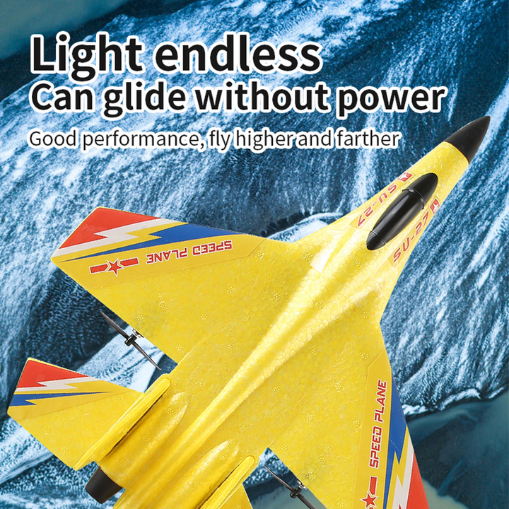 "Kids remote control airplane with LED lights, featuring a sleek design for night flying, encourages fun and creativity."