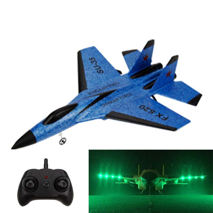 "Kids remote control airplane with LED lights, featuring a sleek design for night flying, encourages fun and creativity."