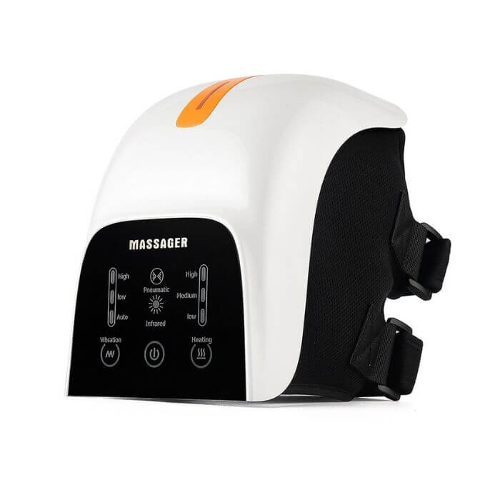 "Knee massager with heat, red-light therapy, and adjustable settings for pain relief, featuring a sleek, ergonomic design."