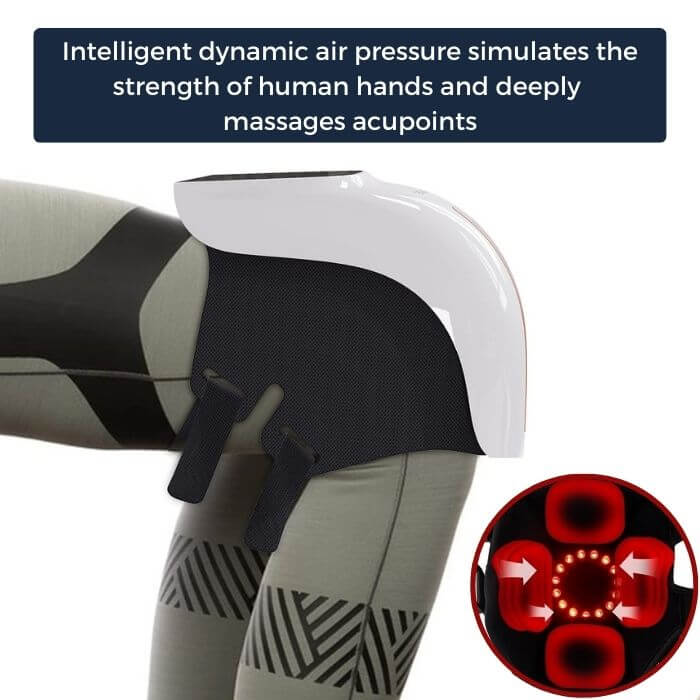 "Knee massager with heat, red-light therapy, and adjustable settings for pain relief, featuring a sleek, ergonomic design."