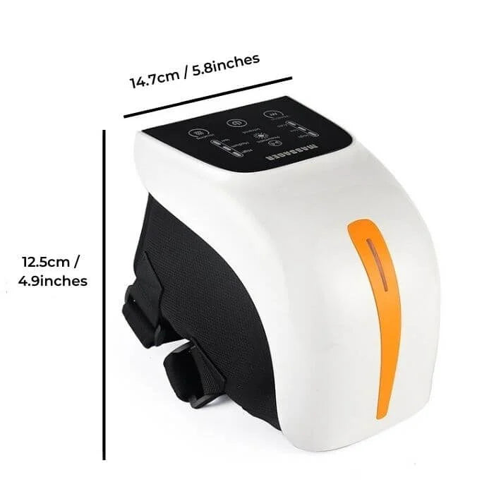 "Knee massager with heat, red-light therapy, and adjustable settings for pain relief, featuring a sleek, ergonomic design."