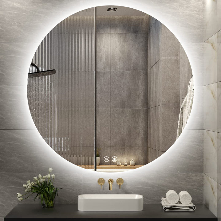 LED round bathroom vanity mirror with anti-fog and dimmable lighting, featuring sleek design and reflective silver rim.