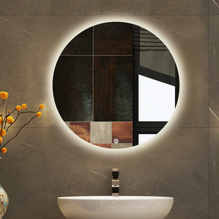 LED round bathroom vanity mirror with anti-fog and dimmable lighting, featuring sleek design and reflective silver rim.
