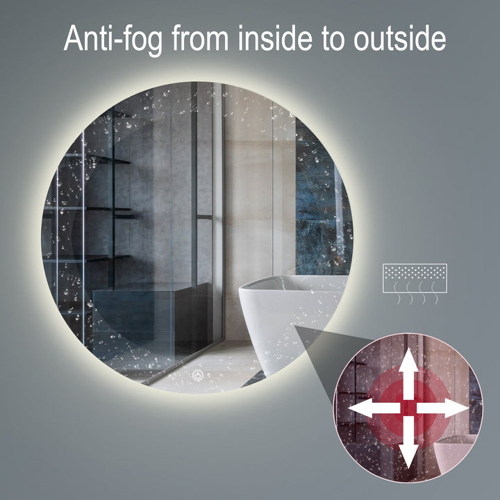 LED round bathroom vanity mirror with anti-fog and dimmable lighting, featuring sleek design and reflective silver rim.