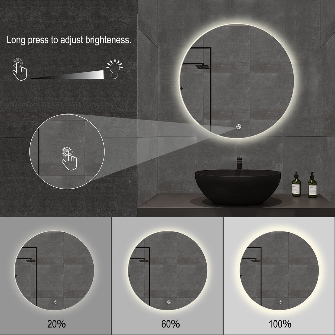 LED round bathroom vanity mirror with anti-fog and dimmable lighting, featuring sleek design and reflective silver rim.