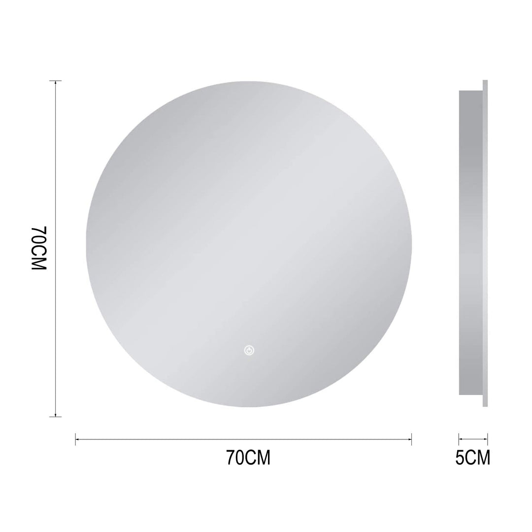 LED round bathroom vanity mirror with anti-fog and dimmable lighting, featuring sleek design and reflective silver rim.