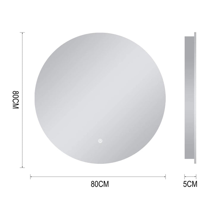 LED round bathroom vanity mirror with anti-fog and dimmable lighting, featuring sleek design and reflective silver rim.