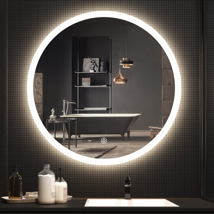 LED round bathroom vanity mirror with anti-fog and dimmable lighting, featuring sleek design and reflective silver rim.