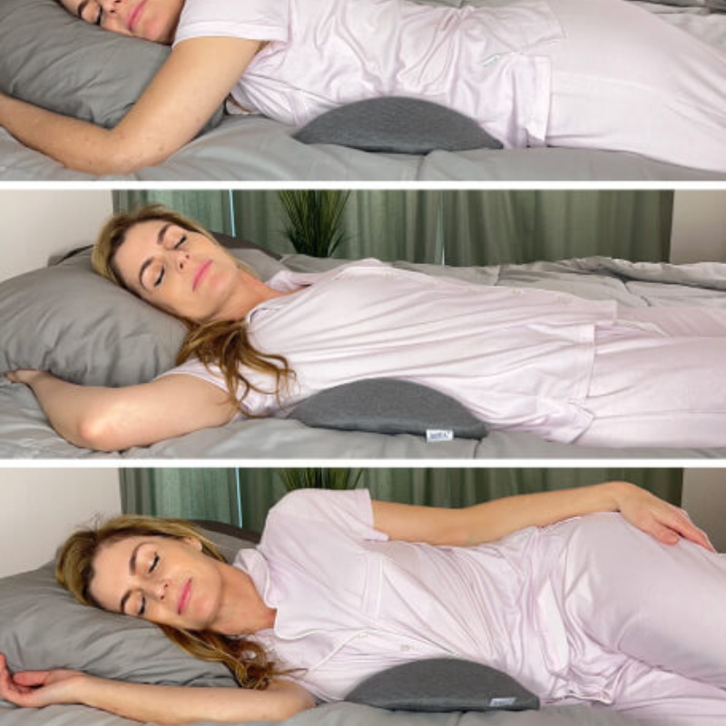 Lumbar support pillow with ergonomic memory foam contours, offering back pain relief and enhanced sleep quality in a sleek de