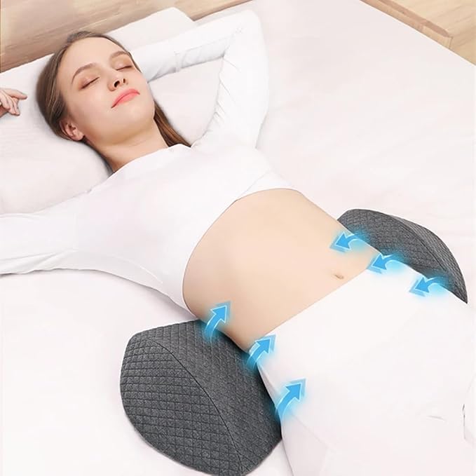 Lumbar support pillow with ergonomic memory foam contours, offering back pain relief and enhanced sleep quality in a sleek de