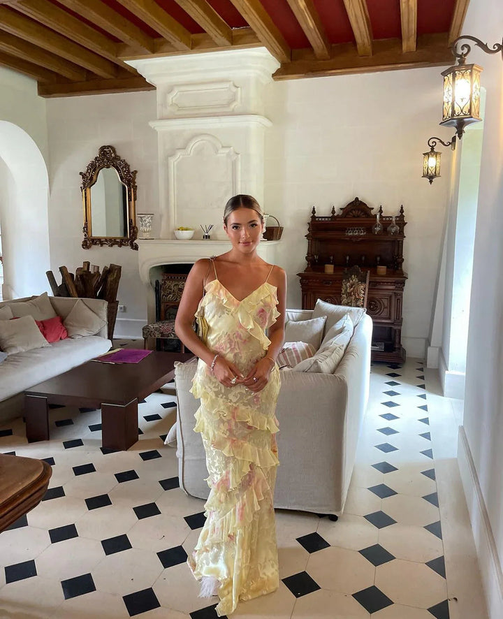 Luna women's floral ruffle open-back maxi dress, pastel hues, delicate ruffles, flowing silhouette, perfect for special occas