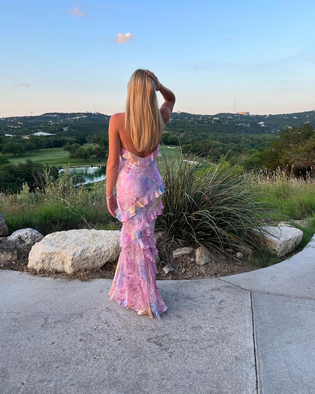 Luna women's floral ruffle open-back maxi dress, pastel hues, delicate ruffles, flowing silhouette, perfect for special occas