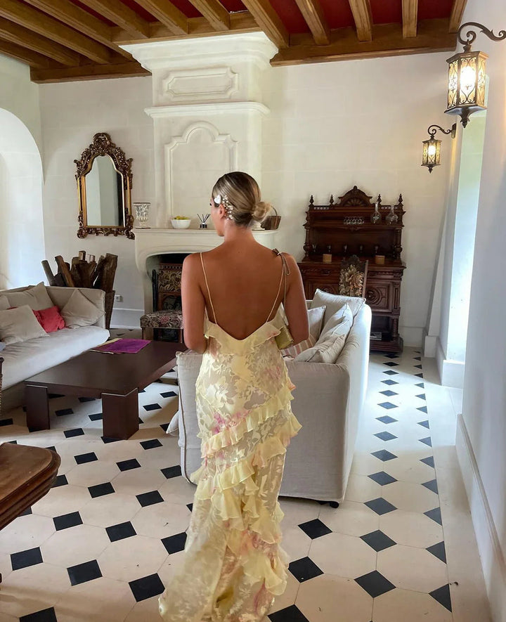 Luna women's floral ruffle open-back maxi dress, pastel hues, delicate ruffles, flowing silhouette, perfect for special occas